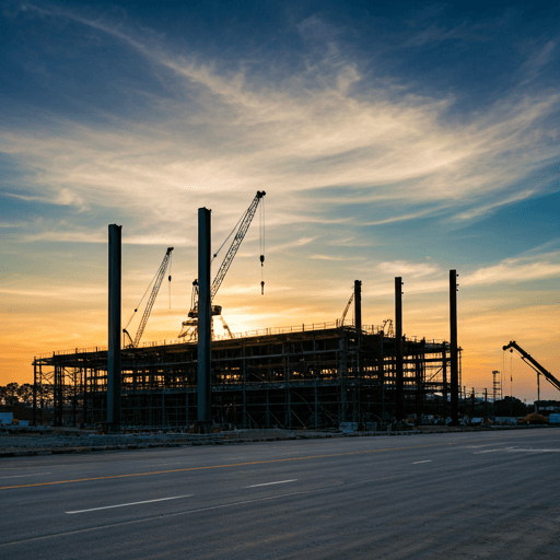 Large construction site with cranes and steel framework at sunset